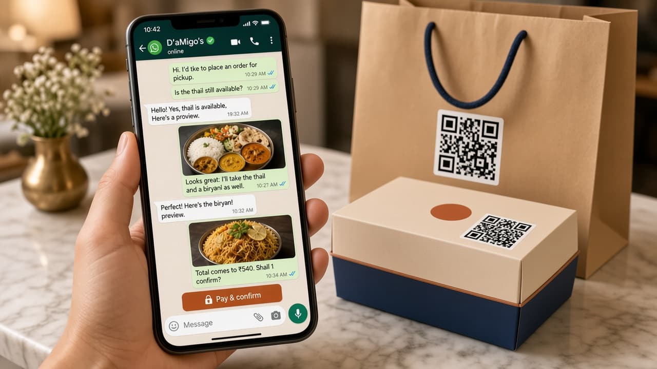 Takeout bag and box with QR for WhatsApp reorder
